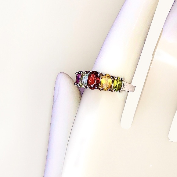 MULTI-GEMSTONE Sterling Silver Single Band Inlay Vintage Ring Sz 7 - Picture 8 of 17